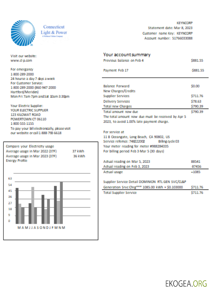 Facture commerciale du service public d'électricité du Connecticut Light & Power, SCR